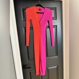 Two-Tone Knit Midi Sweater Dress Long Sleeve Button Slim Cardigan Dresses